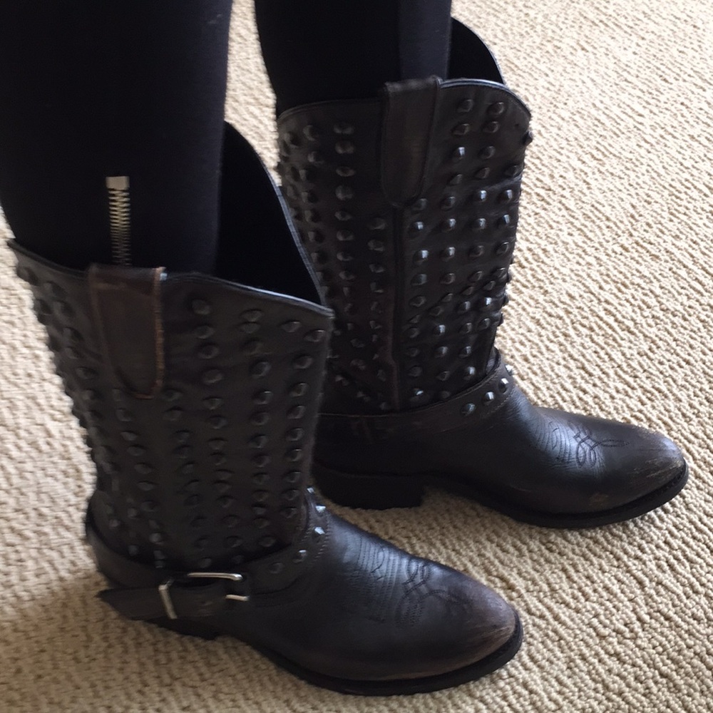 Studded distressed cowboy boots, worn once